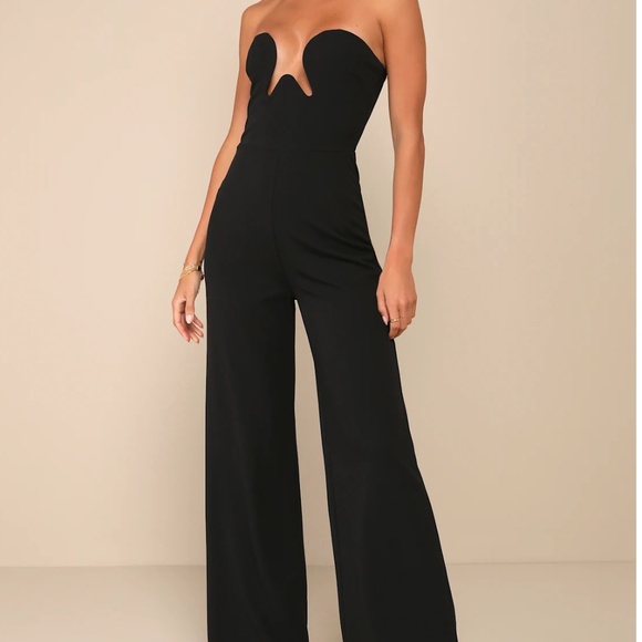 Sultry Composure Black Strapless Wide-Leg Cutout Front Jumpsuit - Picture 1 of 4